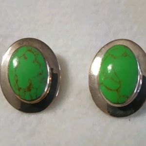 Silver Green Turquoise Clip Earrings